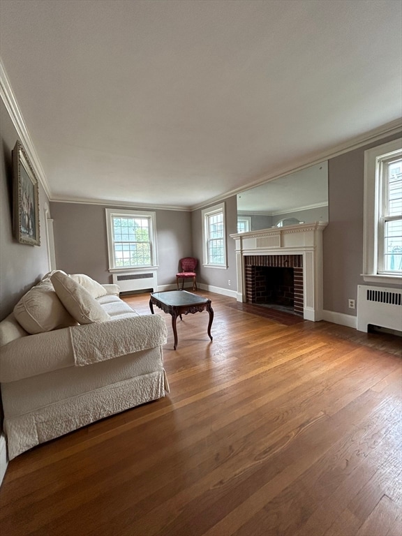 living room featuring radiator, hardwood / wood-style floors, a fireplace, and crown molding