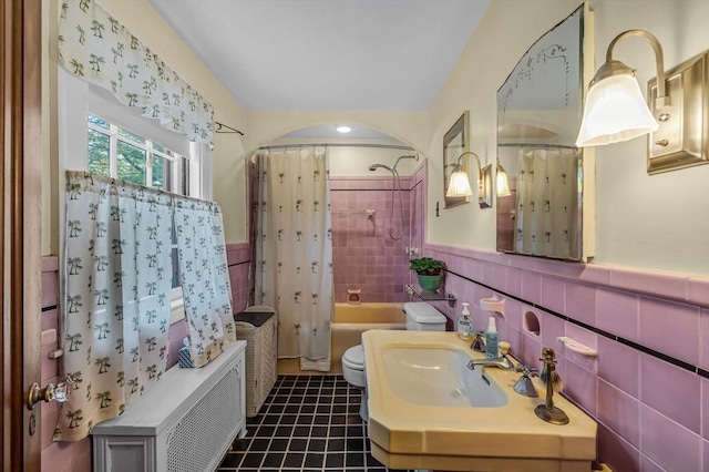 68 Ingersoll Grv, Springfield, MA 01109 - full bathroom with shower / bath combination with curtain, tile walls, tile patterned flooring, toilet, and radiator heating unit
