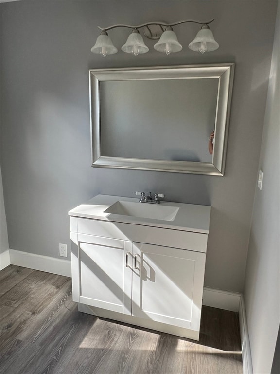 bathroom with wood-type flooring and vanity