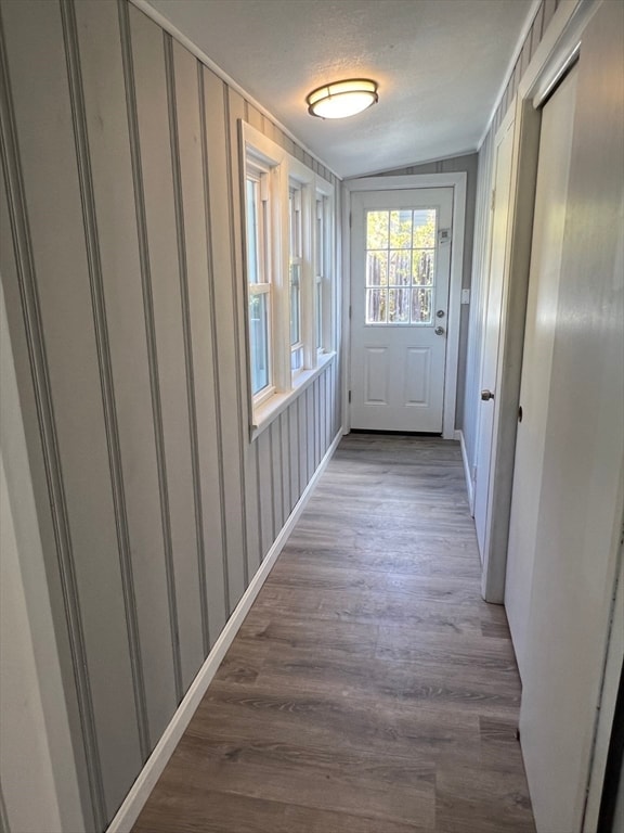 entryway with dark hardwood / wood-style floors, a textured ceiling, and vaulted ceiling