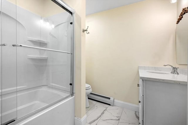 4 Cushing St, Hingham, MA 02043 - full bath with a baseboard heating unit, marble finish flooring, vanity, toilet, and combined bath / shower with glass door