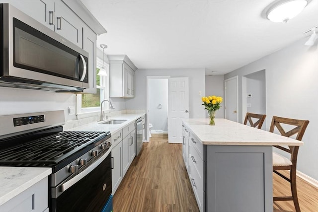 18 Buena Vis Unit 18, Franklin, MA 02038 - kitchen with appliances with stainless steel finishes, a sink, gray cabinets, and wood finished floors