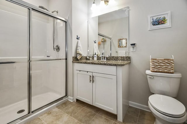 bathroom featuring tile patterned flooring, vanity, toilet, and a shower with door