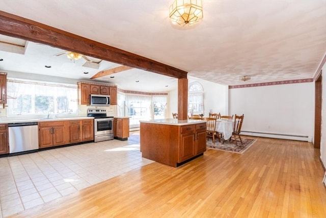 kitchen with appliances with stainless steel finishes, hanging light fixtures, a center island, a baseboard heating unit, and beam ceiling