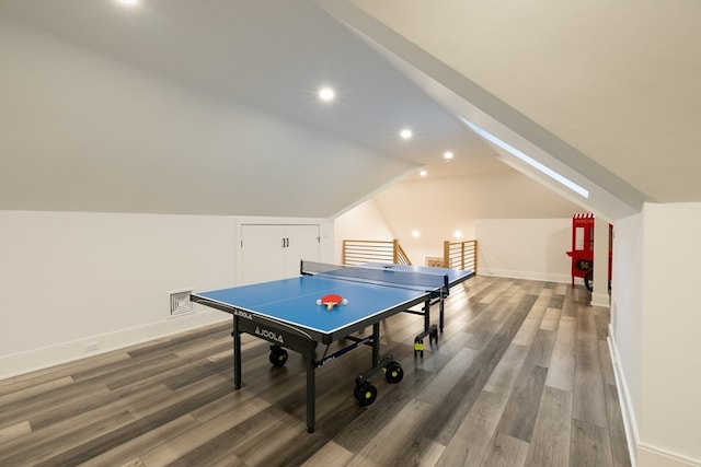 rec room featuring hardwood / wood-style flooring and lofted ceiling