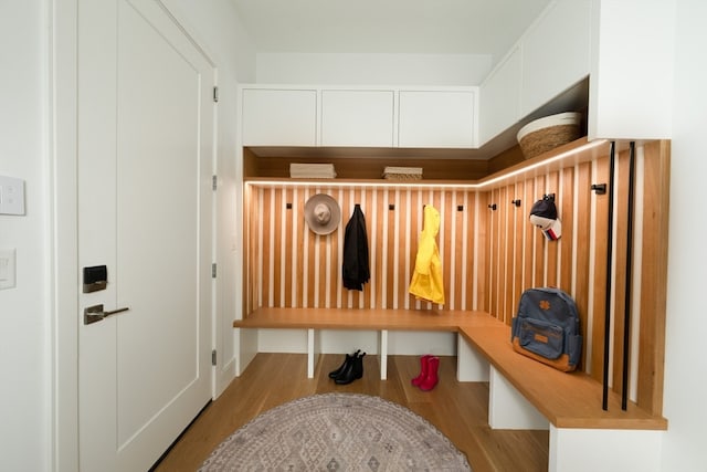 mudroom with light hardwood / wood-style floors