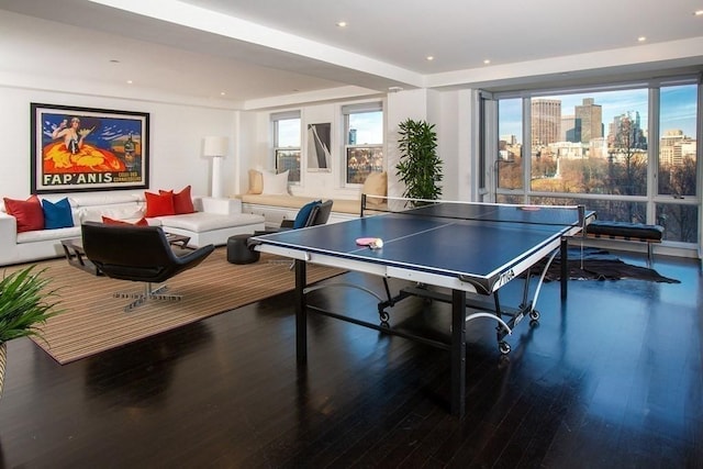 rec room featuring wood finished floors, recessed lighting, and a city view