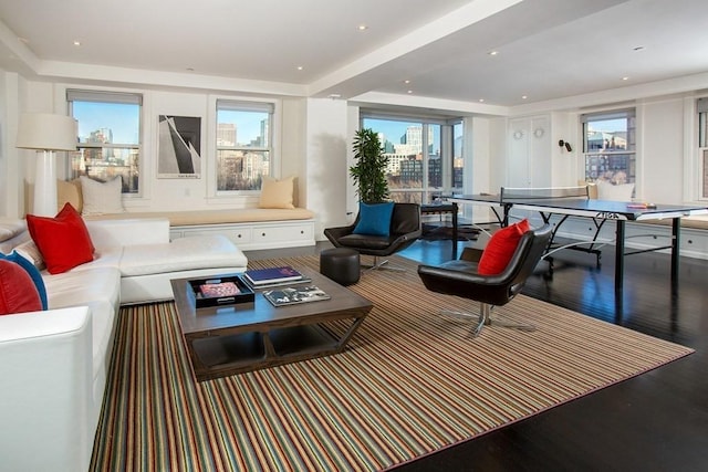 living area with a wealth of natural light, wood finished floors, a view of city, and recessed lighting