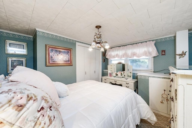 171 David Cir, Putnam, CT 06260 - bedroom featuring wallpapered walls, ornamental molding, and a chandelier