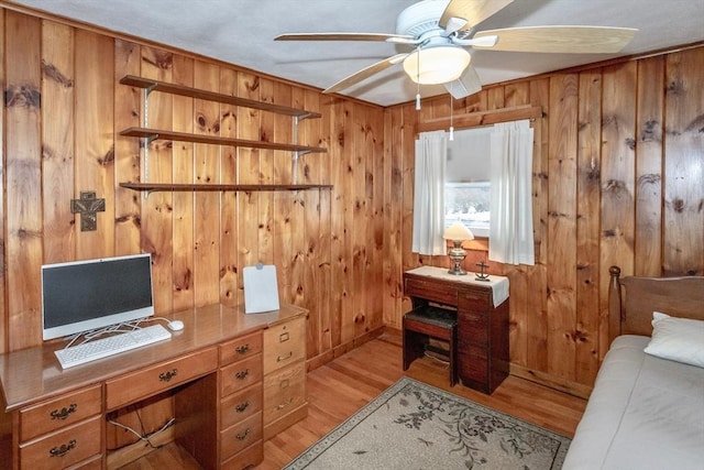 office area with a ceiling fan, wooden walls, and light wood finished floors