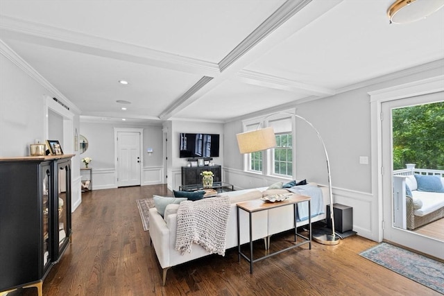 161 Hollett St, Scituate, MA 02066 - living area with healthy amount of natural light, wood finished floors, coffered ceiling, recessed lighting, and beamed ceiling