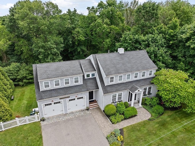 161 Hollett St, Scituate, MA 02066 - shingle-style home featuring driveway, a shingled roof, a chimney, and a garage