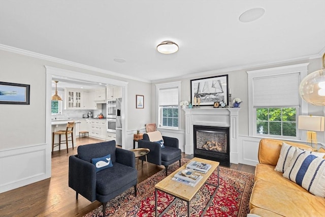 161 Hollett St, Scituate, MA 02066 - living room featuring ornamental molding, wood finished floors, plenty of natural light, a glass covered fireplace, and wainscoting