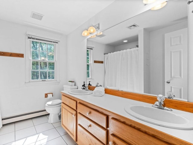 8 Kennedy Ln, Acton, MA 01720 - full bath with a baseboard heating unit, tile patterned flooring, double vanity, toilet, and curtained shower