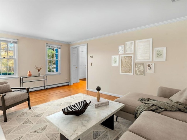 8 Kennedy Ln, Acton, MA 01720 - living area featuring crown molding, light wood-style flooring, a baseboard heating unit, and baseboards