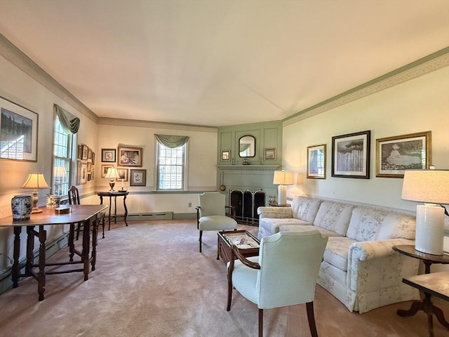 631 Elm St, Dartmouth, MA 02748 - living room featuring carpet flooring, a large fireplace, and a baseboard heating unit