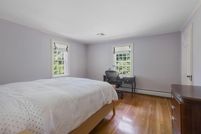 217 Conant Rd, Weston, MA 02493 - bedroom with multiple windows, baseboard heating, light wood finished floors, and ornamental molding