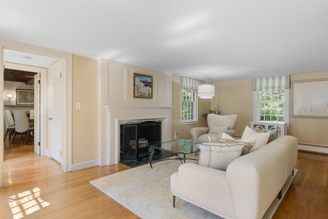 217 Conant Rd, Weston, MA 02493 - living area featuring light wood-style flooring, a fireplace with flush hearth, healthy amount of natural light, and a baseboard radiator