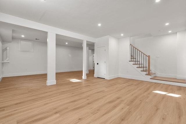 basement with light wood-type flooring