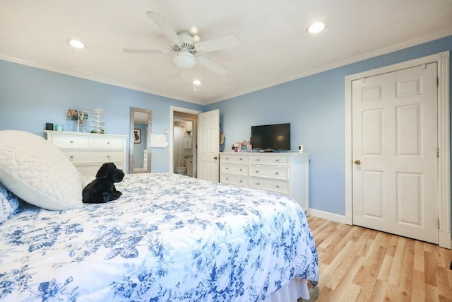 bedroom featuring recessed lighting, baseboards, ornamental molding, and light wood-type flooring