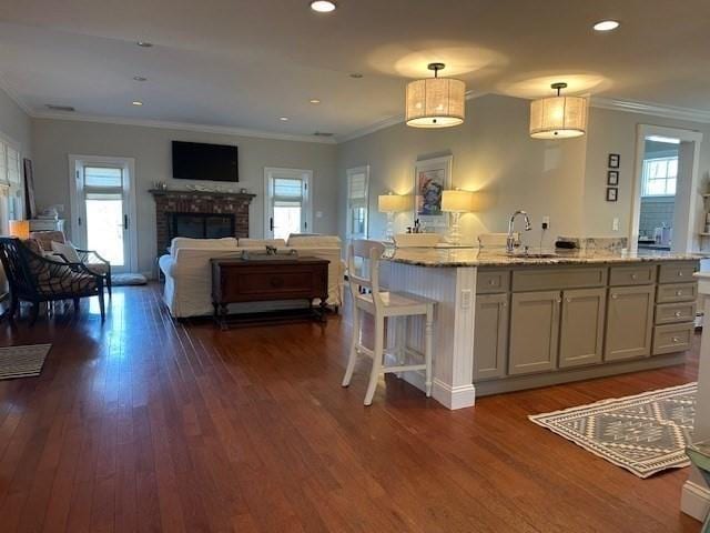 kitchen with crown molding, dark wood finished floors, open floor plan, a sink, and light stone countertops