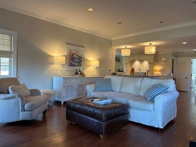 living area featuring dark wood-style floors, crown molding, and recessed lighting