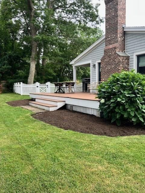 view of yard with fence and a wooden deck