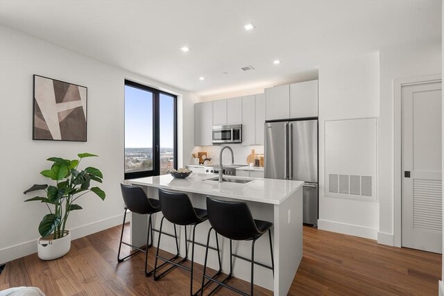 kitchen featuring a kitchen island with sink, a sink, stainless steel appliances, and a kitchen breakfast bar