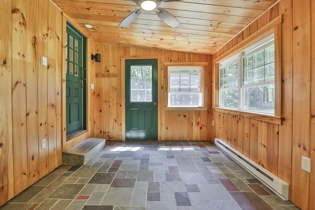589 Turnpike, Ashby, MA 01431 - foyer with baseboard heating, lofted ceiling, plenty of natural light, wood walls, and stone tile flooring