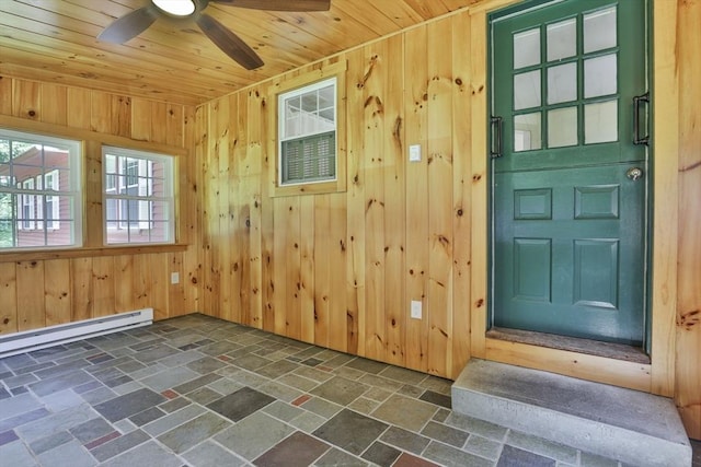 589 Turnpike, Ashby, MA 01431 - spare room with wooden ceiling, wooden walls, a ceiling fan, and a baseboard heating unit