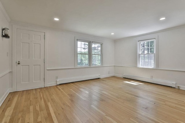 589 Turnpike, Ashby, MA 01431 - unfurnished room featuring a baseboard radiator, crown molding, healthy amount of natural light, light wood-style flooring, and recessed lighting