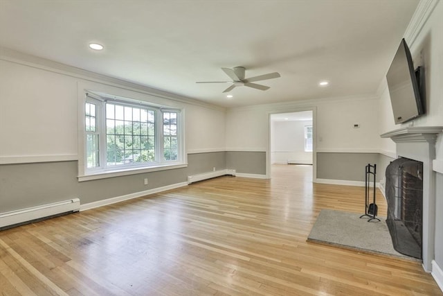 589 Turnpike, Ashby, MA 01431 - unfurnished living room with baseboard heating, ornamental molding, a ceiling fan, a fireplace with flush hearth, and light wood finished floors