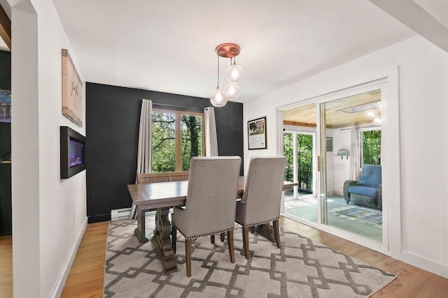 dining area with a baseboard heating unit, light wood finished floors, and healthy amount of natural light