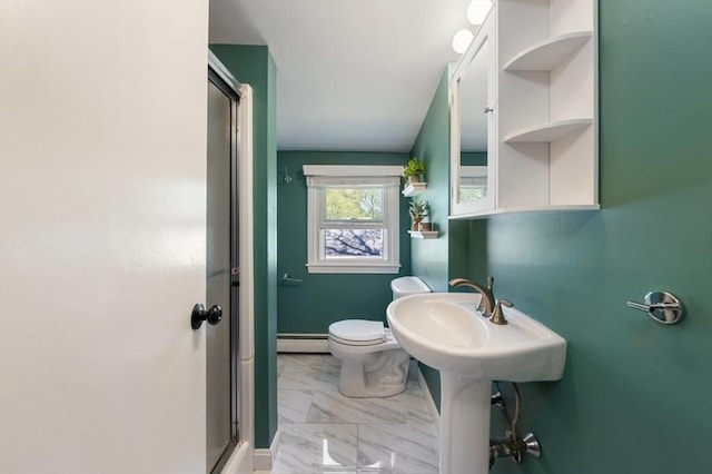 bathroom with toilet, marble finish floor, baseboards, an enclosed shower, and a baseboard heating unit