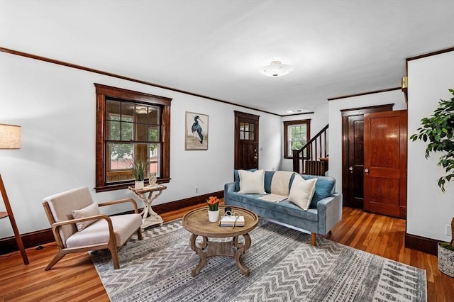 33 Intervale Ave, Saugus, MA 01906 - living room featuring ornamental molding, wood finished floors, and stairway