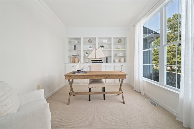 carpeted office with plenty of natural light and crown molding