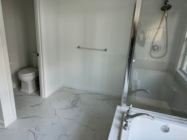 bathroom featuring plus walk in shower and toilet