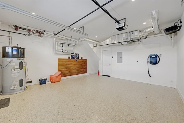 garage with a garage door opener, electric panel, hybrid water heater, and baseboards