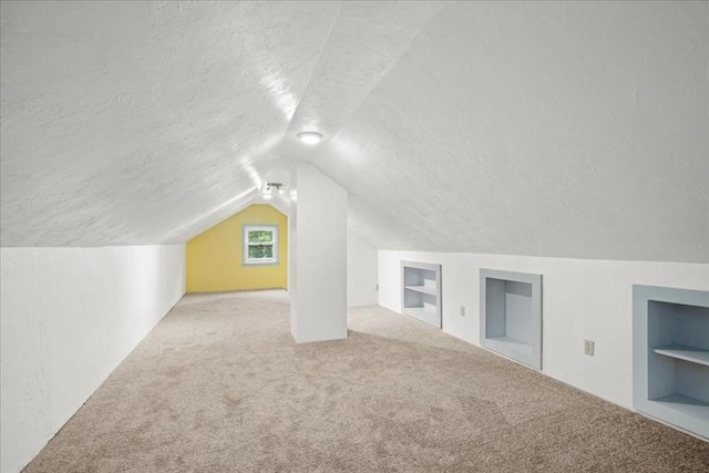 39 Mashapaug Rd, Sturbridge, MA 01566 - additional living space with a textured ceiling, built in shelves, carpet, and vaulted ceiling