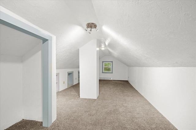 39 Mashapaug Rd, Sturbridge, MA 01566 - additional living space with carpet, a textured ceiling, vaulted ceiling, and baseboard heating