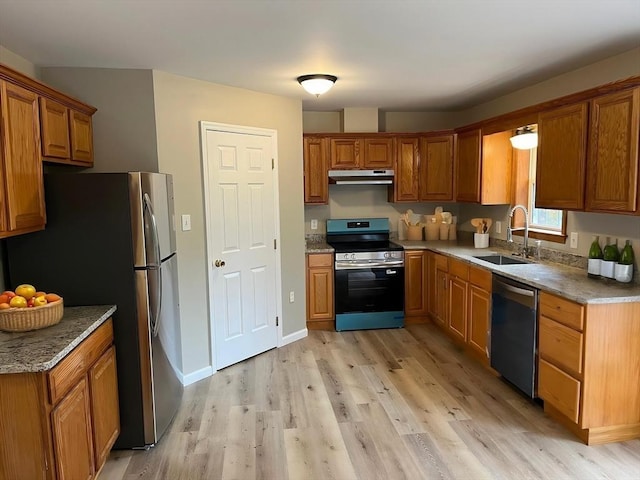 48 N Main St, New Salem, MA 01355 - kitchen featuring appliances with stainless steel finishes, a sink, under cabinet range hood, brown cabinets, and light wood-style flooring