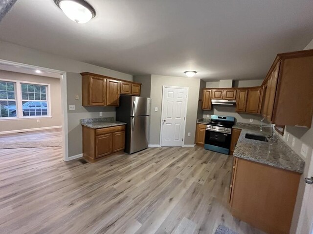 48 N Main St, New Salem, MA 01355 - kitchen featuring appliances with stainless steel finishes, under cabinet range hood, a sink, and brown cabinets