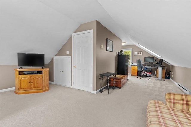 48 Gorham Ave, Stoneham, MA 02180 - bonus room with a baseboard heating unit, lofted ceiling, light carpet, a desk, and baseboards
