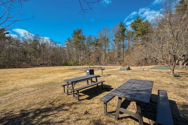 view of property's community featuring a view of trees and a lawn