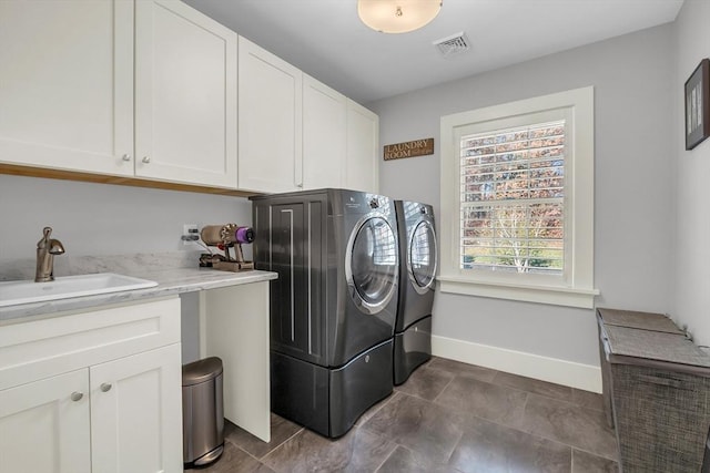 laundry room with a sink, visible vents, baseboards, washer and dryer, and cabinet space