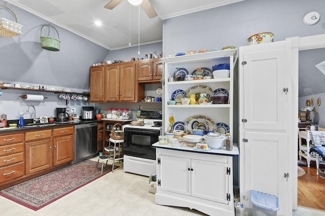 kitchen with open shelves, crown molding, dishwasher, range with electric stovetop, and a sink