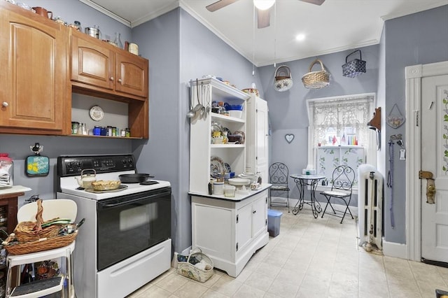 kitchen with crown molding, electric stove, a ceiling fan, and open shelves