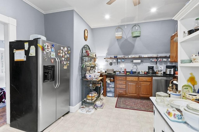 kitchen with open shelves, crown molding, brown cabinetry, and appliances with stainless steel finishes