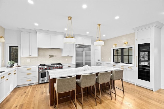 38 Old Shipyard Ln, Hanover, MA 02339 - kitchen with premium appliances, a sink, white cabinets, tasteful backsplash, and light wood-type flooring