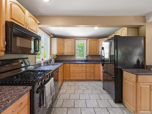 34 Kinsley Rd, Acton, MA 01720 - kitchen with black appliances, light brown cabinets, a sink, recessed lighting, and light tile patterned floors